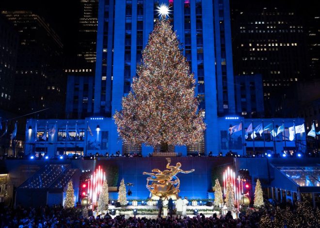 Rockefeller Center Christmas tree illuminated in New York
